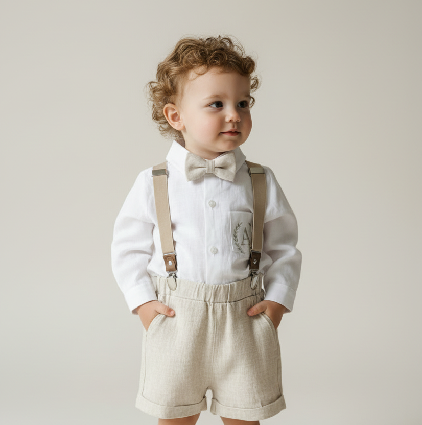 Beige Linen Baptism outfit with suspender shorts, shirt, and bow tie plus optional jacket and embroidery