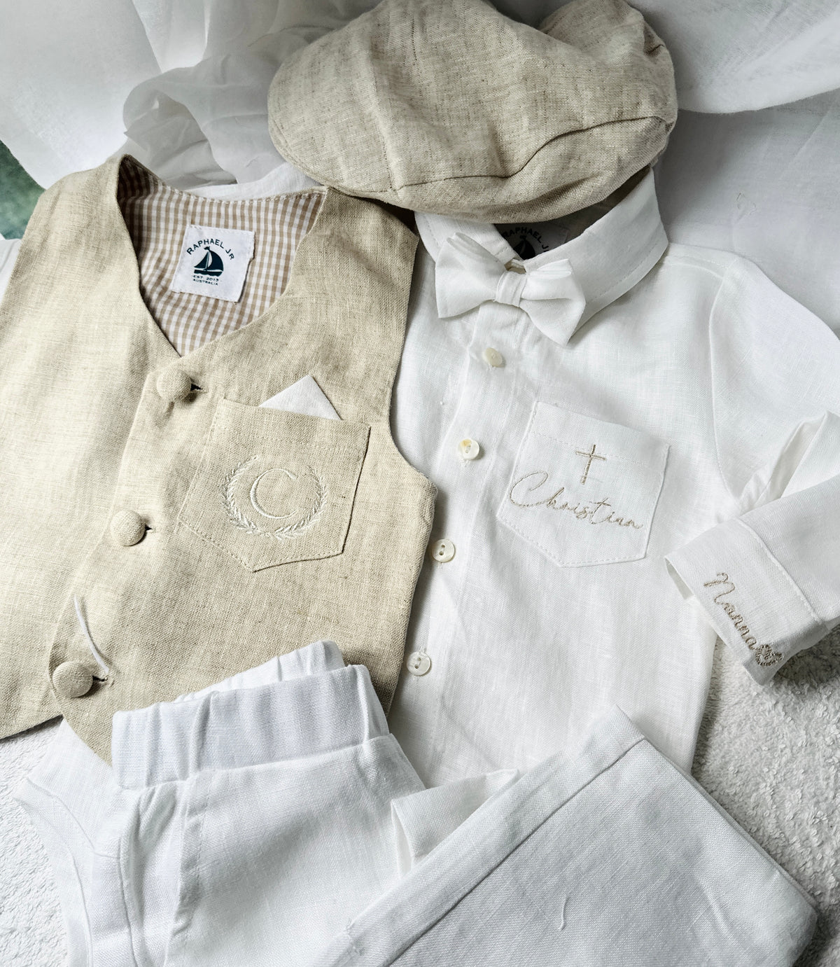 White and Beige Linen set with vest, shirt, pants, suspenders and bowtie plus optional jacket, cap and shoes
