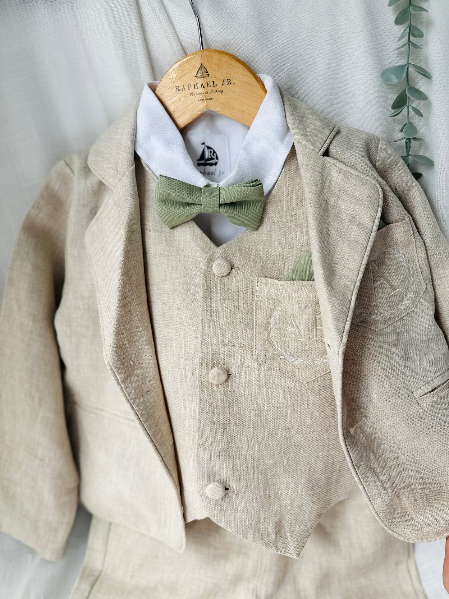 Beige Linen vest suit, shirt, pants, suspenders and bowtie plus optional jacket, cap and shoes