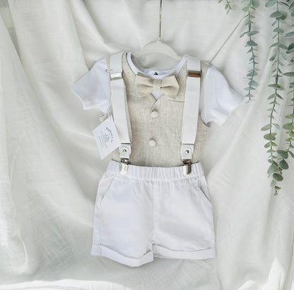 Boys white and beige cotton Baptism wedding set with vest onesie, shorts, suspenders and bow tie