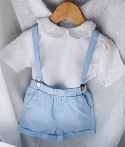 Pure linen white blouse shirt with round collar