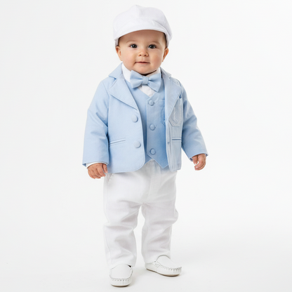 Boys Light blue suit with blue vest, bow tie optional jacket, plus white linen shirt and suspender pants