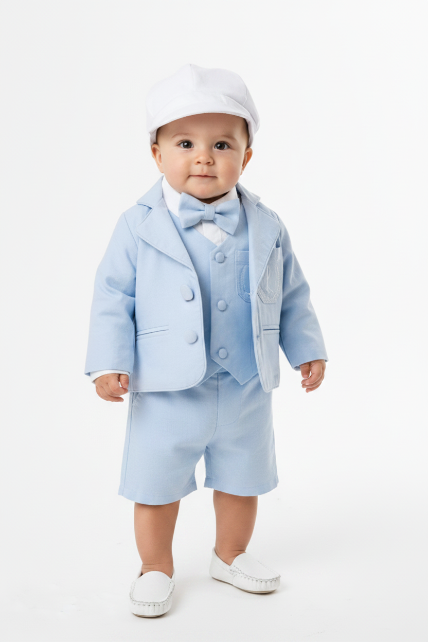 Pale blue summer vest set with blue vest, suspender shorts white shirt and blue blazer