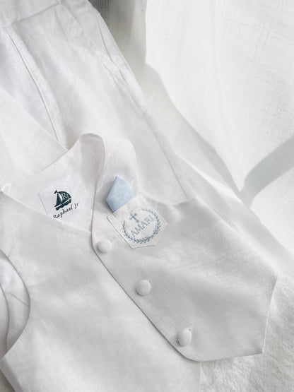 White linen Baptism vest set with shirt, suspender shorts, bowtie and optional embroidery cap and shoes