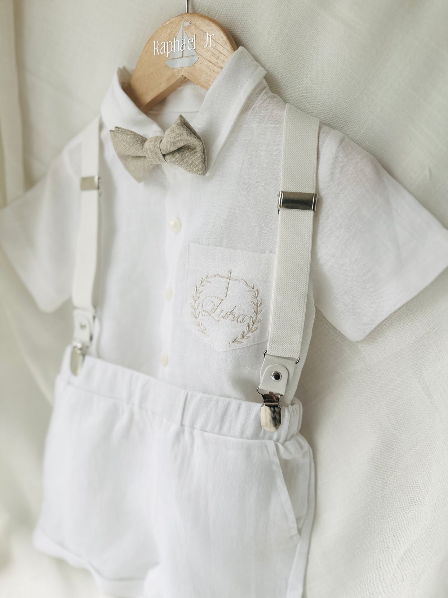 White linen summer Baptism outfit with suspender shorts, shirt, bowtie plus optional extras
