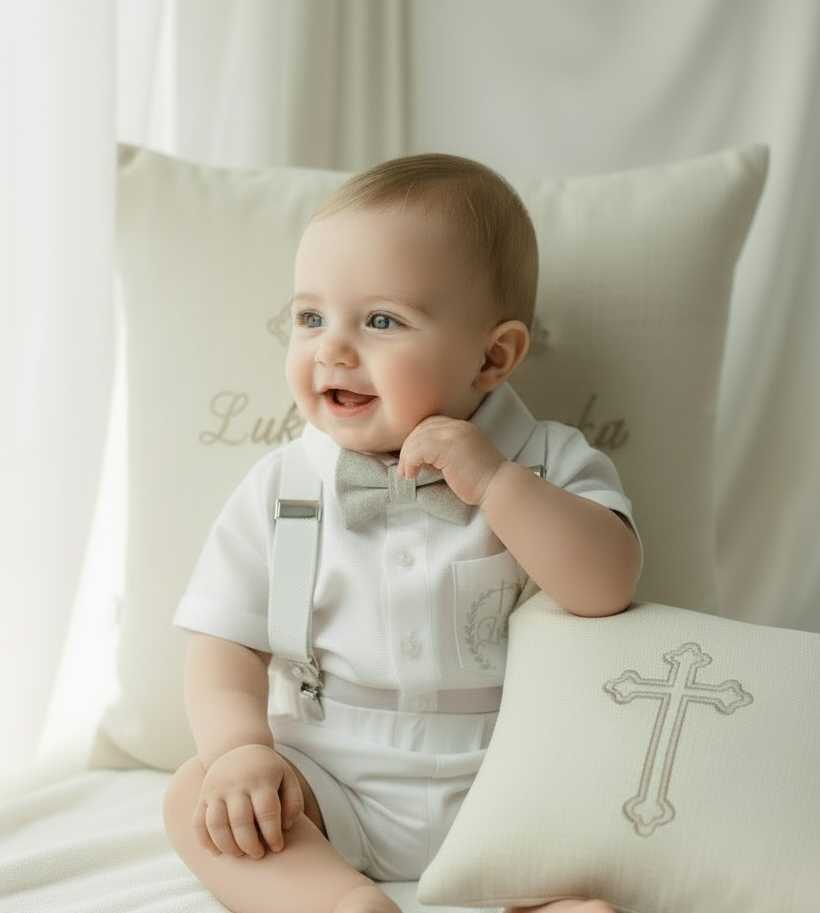 White linen summer Baptism outfit with suspender shorts, shirt, bowtie plus optional extras
