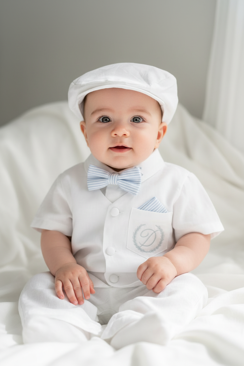 Baby and Toddler Boys white linen outfit with vest, shirt, pants, suspenders and bowtie plus optional blue blazer