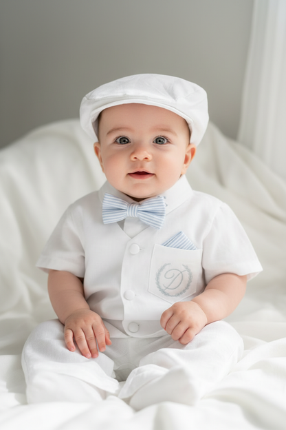 Baby and Toddler Boys white linen outfit with vest, shirt, pants, suspenders and bowtie plus optional blue blazer