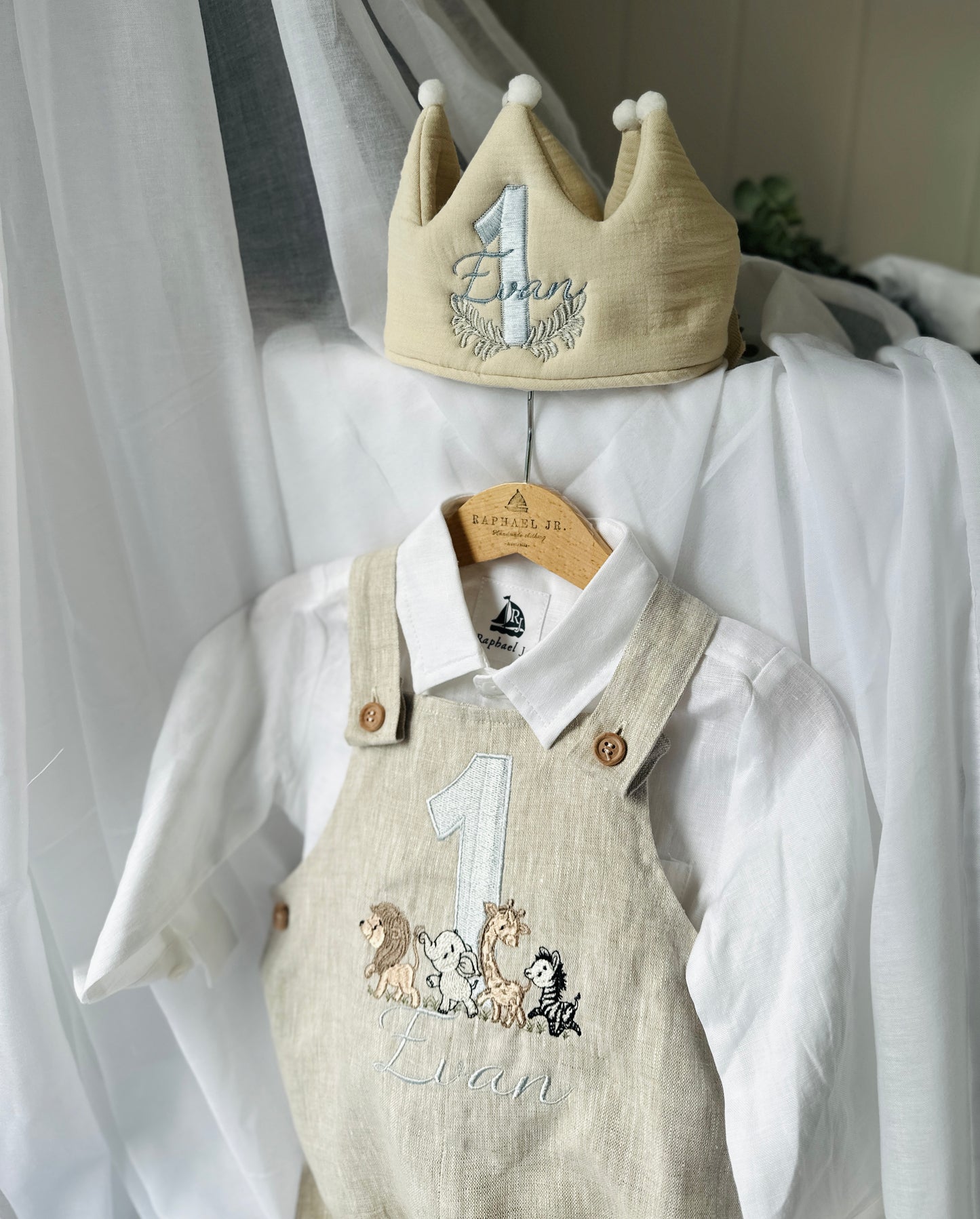 Boys Beige Linen Birthday overalls romper dungarees safari balloon fast car wild sea themes