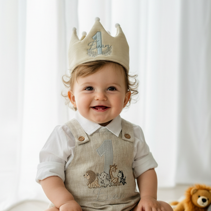 Boys Beige Linen Birthday overalls romper dungarees safari balloon fast car wild sea themes