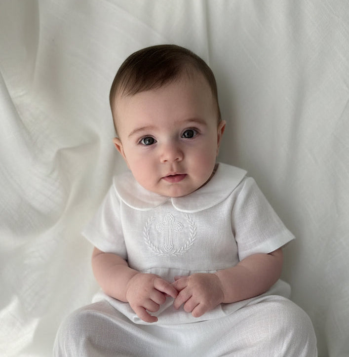 Linen Baptism romper dungaree jumpsuit with optional cardigan and embroidery