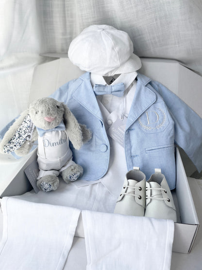 Baby and Toddler Boys white linen outfit with vest, shirt, pants, suspenders and bowtie plus optional blue blazer