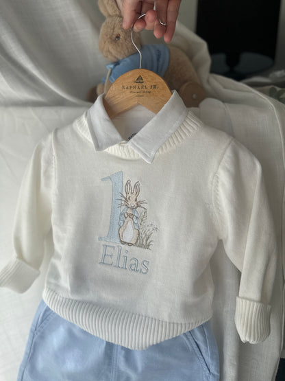 Warm white cotton sweater with optional first birthday embroidery