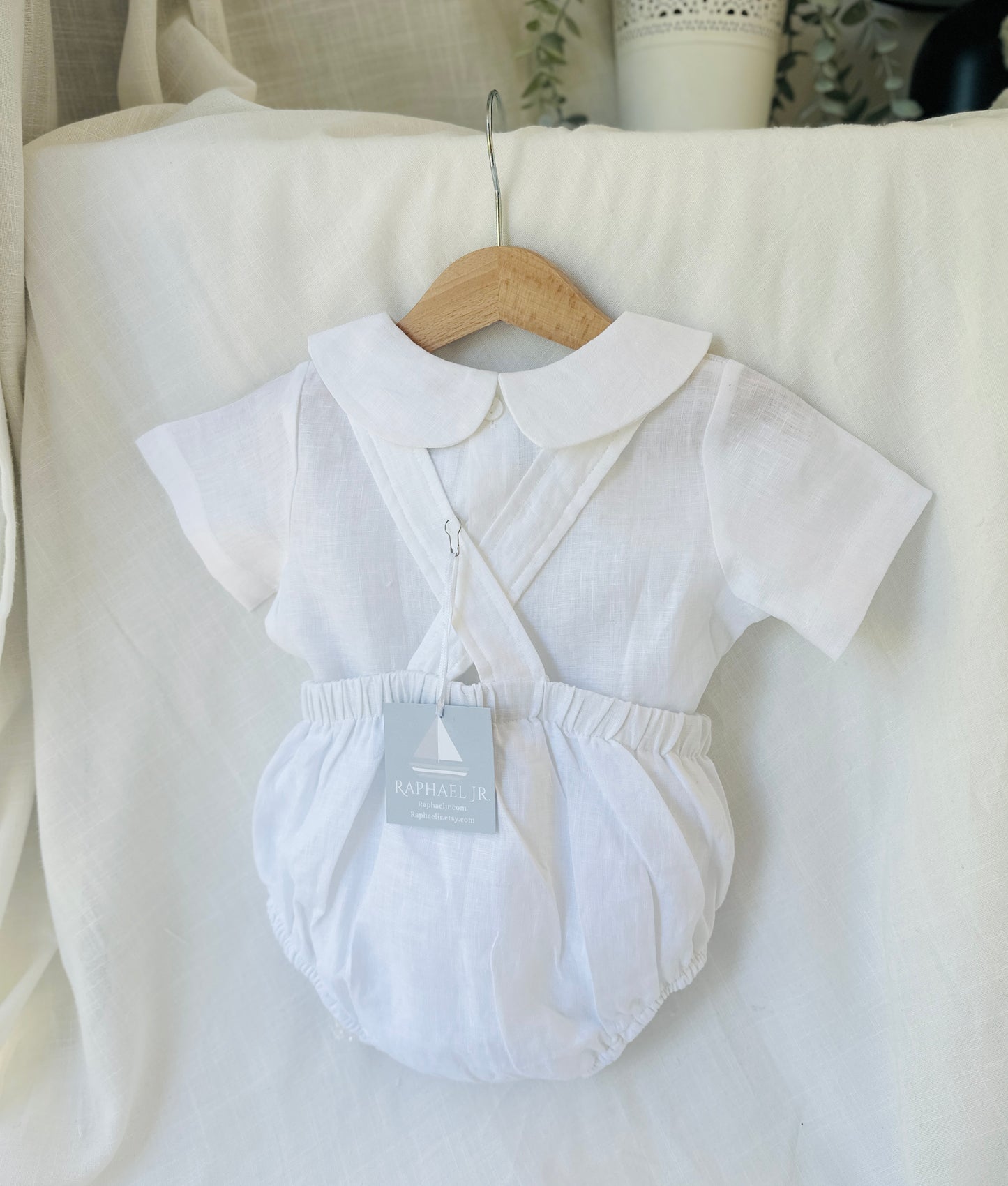 Baby white linen baptism romper overalls and blouse shirt set