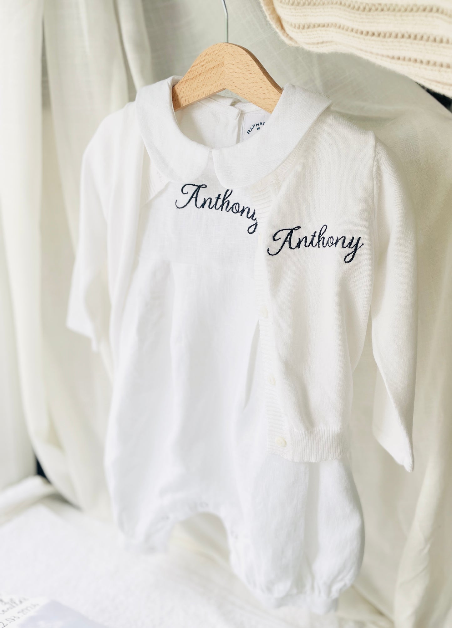 Linen Baptism 3/4 length jumpsuit with optional cardigan and embroidery