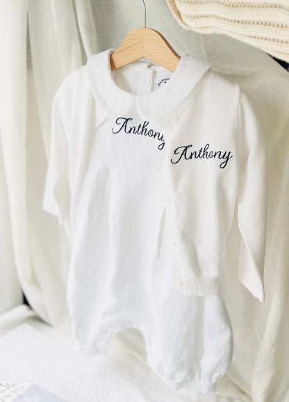 White Linen Unisex Baptism Gown 3/4 length romper with detachable skirt