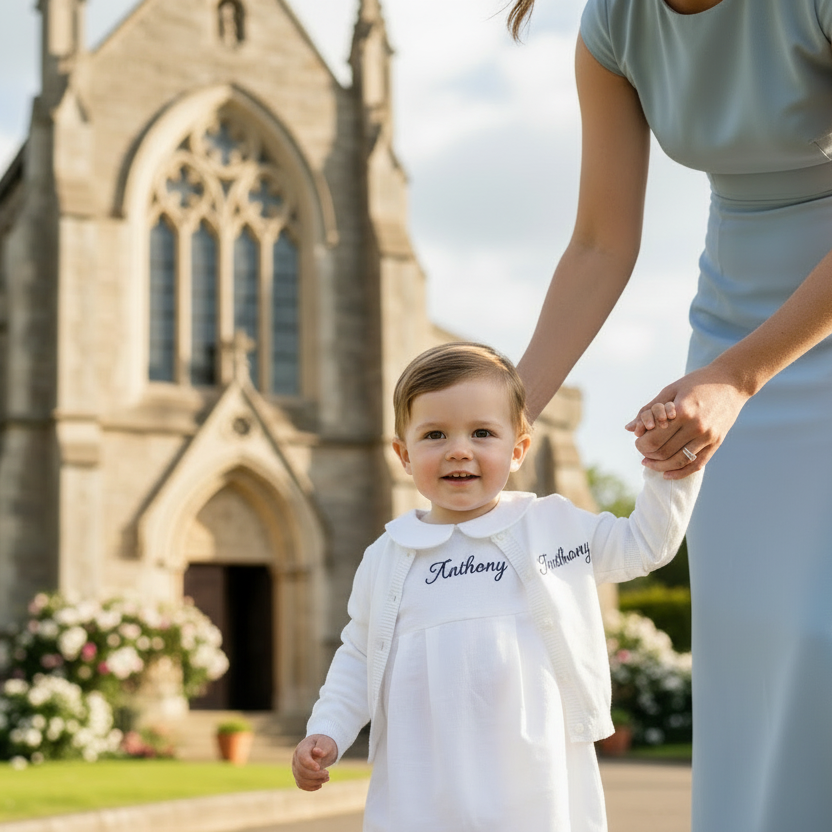 Linen Baptism 3/4 length jumpsuit with optional cardigan and embroidery