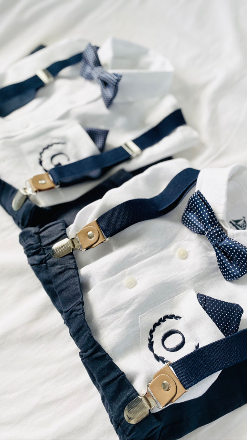 Navy blue linen summer set with shorts, shirt, suspenders and bow tie plus optional jacket, embroidery, shoes and cap