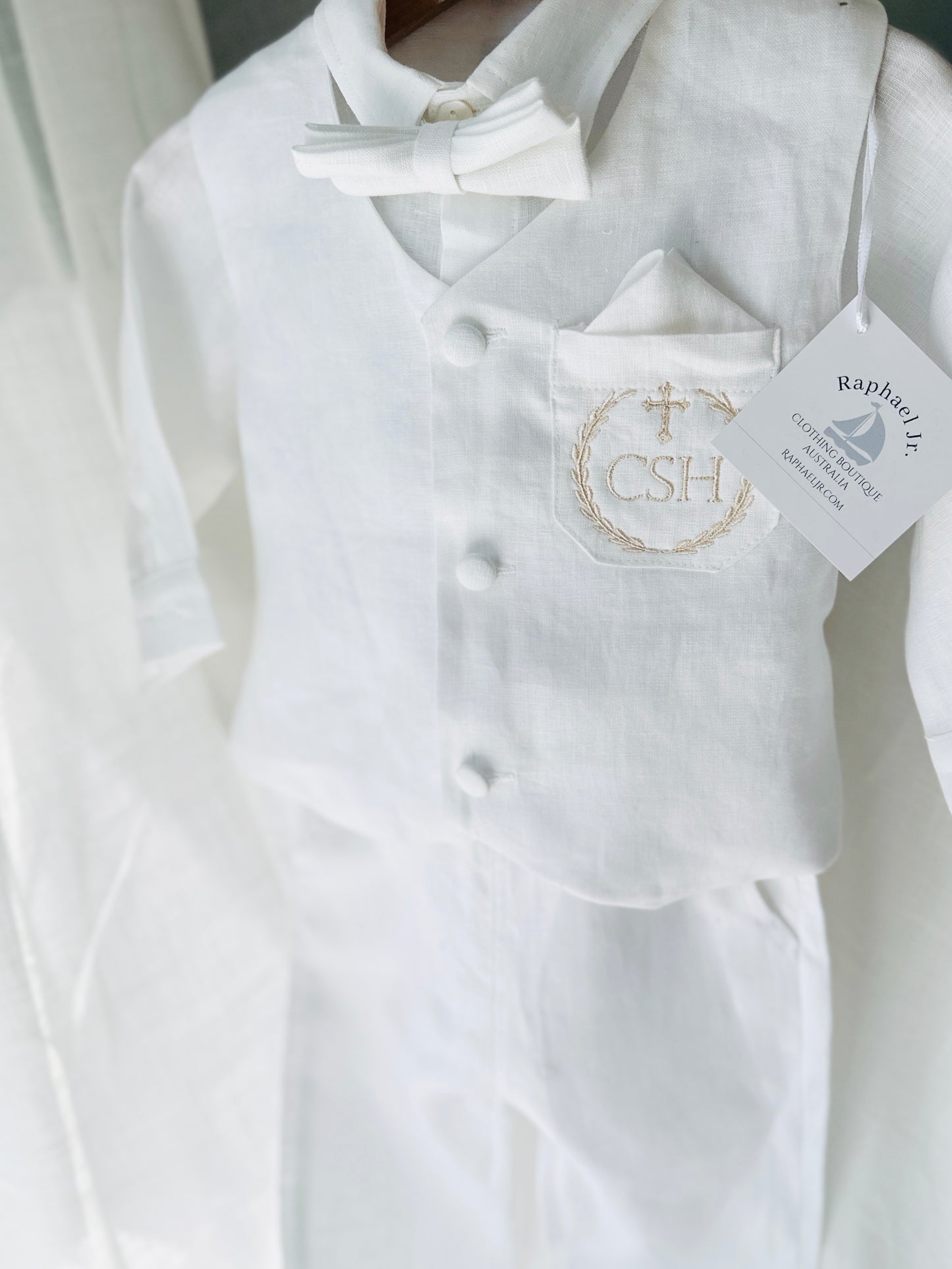 Boys white linen full length Baptism set with vest, shirt, pants, suspenders and bow tie