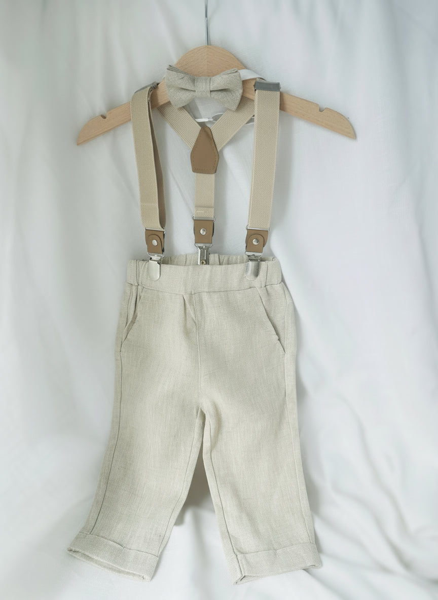 Baby and Toddler Boys beige natural pure linen pants with optional suspenders