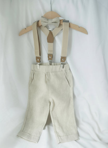 Baby and Toddler Boys beige natural pure linen pants with optional suspenders