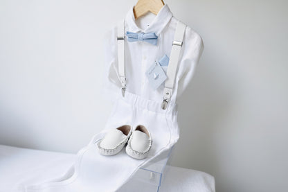 White linen Baptism Suit outfit with optional blue jacket and Accessories