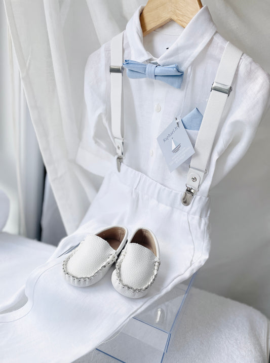 White linen Baptism Suit set with Accessories and optional Embroidery
