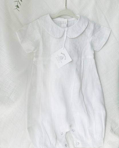 Linen Baptism 3/4 length jumpsuit with optional cardigan and embroidery