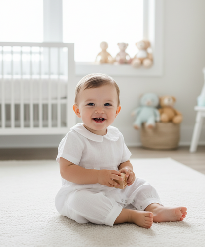 Linen Baptism 3/4 length jumpsuit with optional cardigan and embroidery