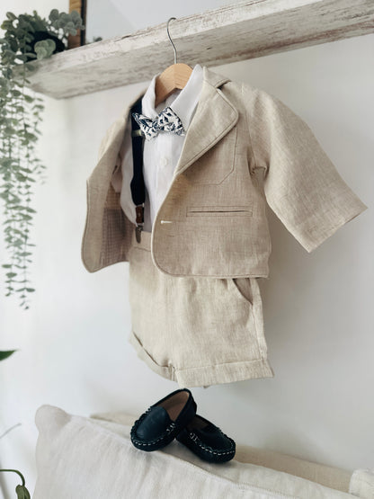 Beige Linen Summer Suit with navy blue accessories