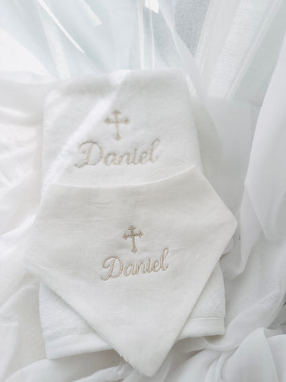 Personalised baptism christening hand towel with embroidery and optional bib