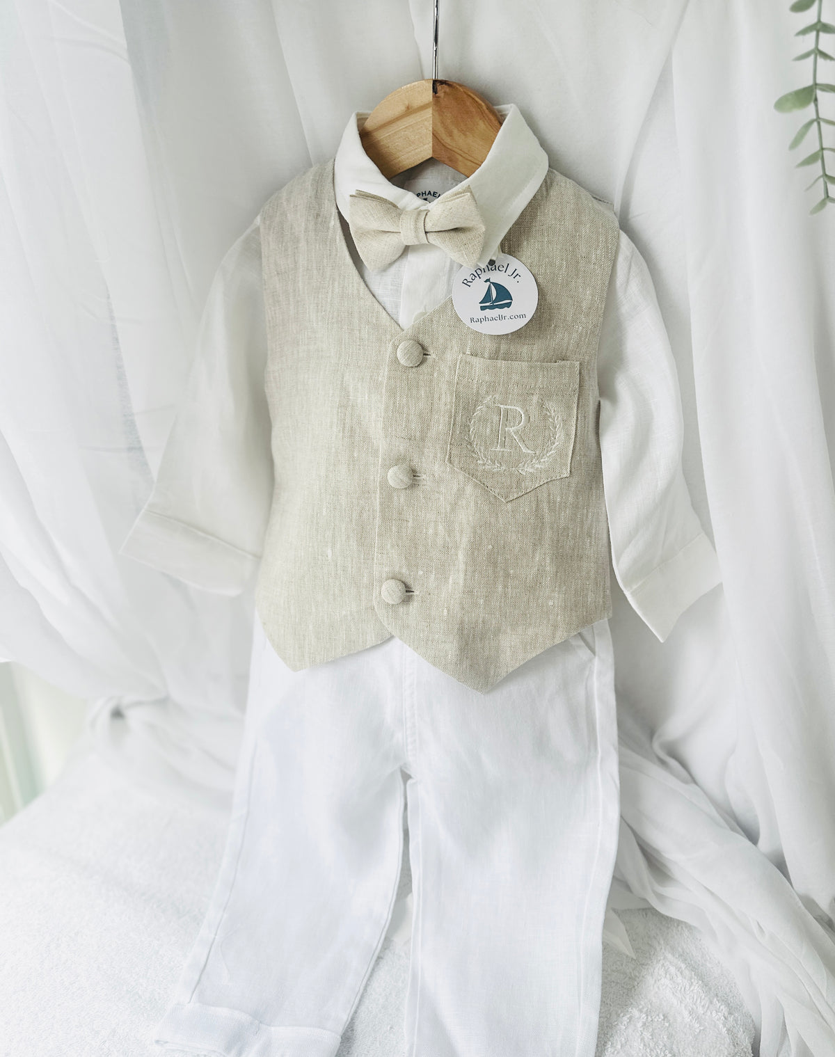 White and Beige Linen set with vest, shirt, pants, suspenders and bowtie plus optional jacket, cap and shoes