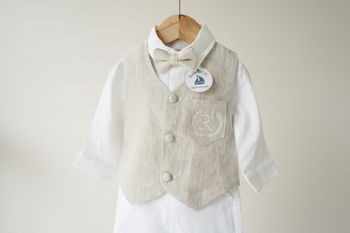White and Beige Linen set with vest, shirt, pants, suspenders and bowtie plus optional jacket, cap and shoes