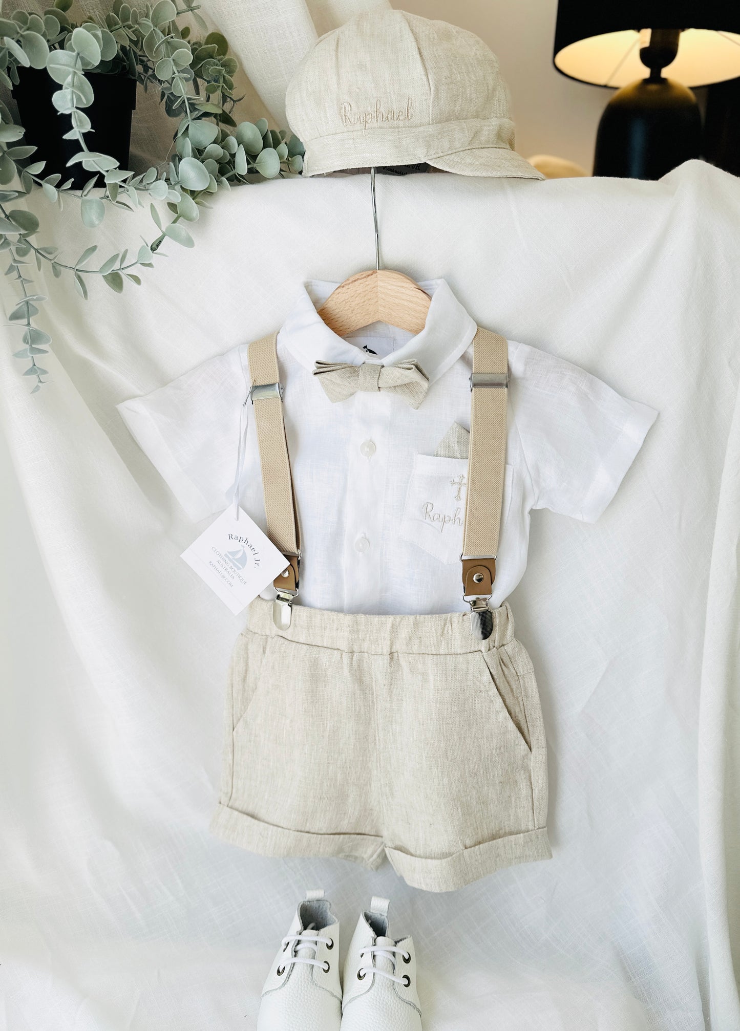 Beige linen summer set with shorts, shirt, suspenders and bow tie plus optional extras