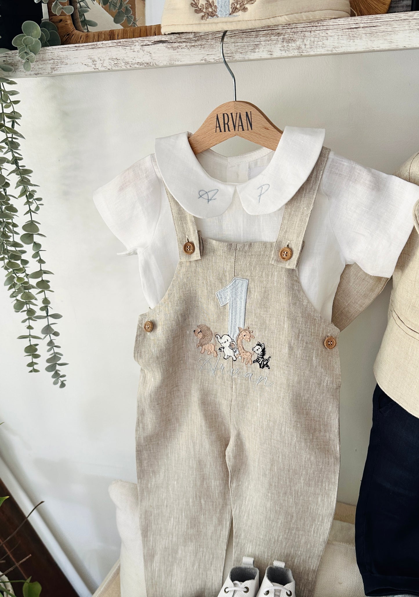 Boys Beige Linen Birthday overalls romper dungarees safari balloon fast car wild sea themes