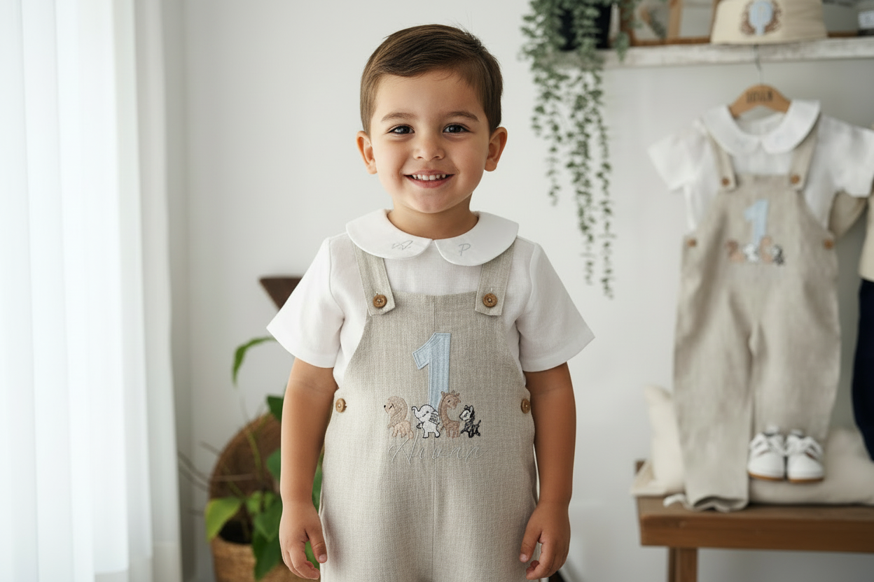 Boys Beige Linen Birthday overalls romper dungarees safari balloon fast car wild sea themes
