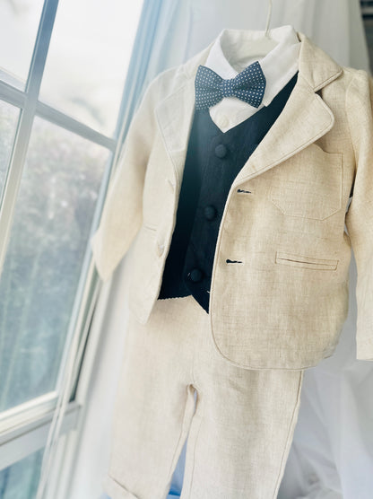 Beige linen suit with Navy blue vest