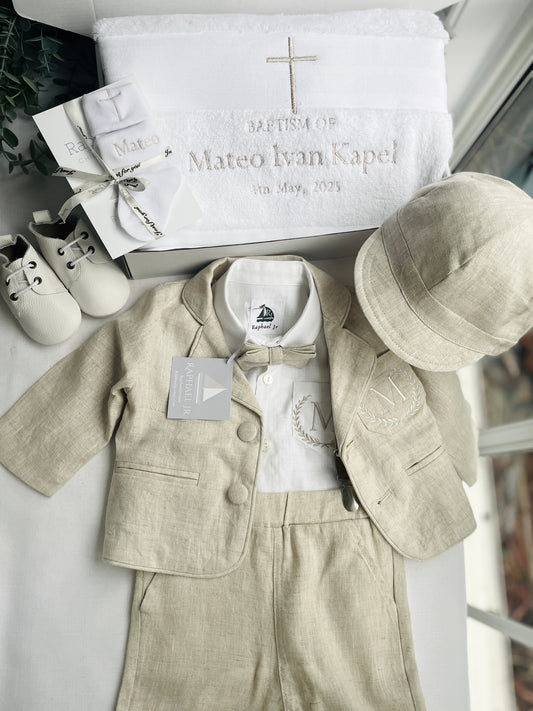 Beige linen baby and toddler boys suit with additional accessories and personalisation