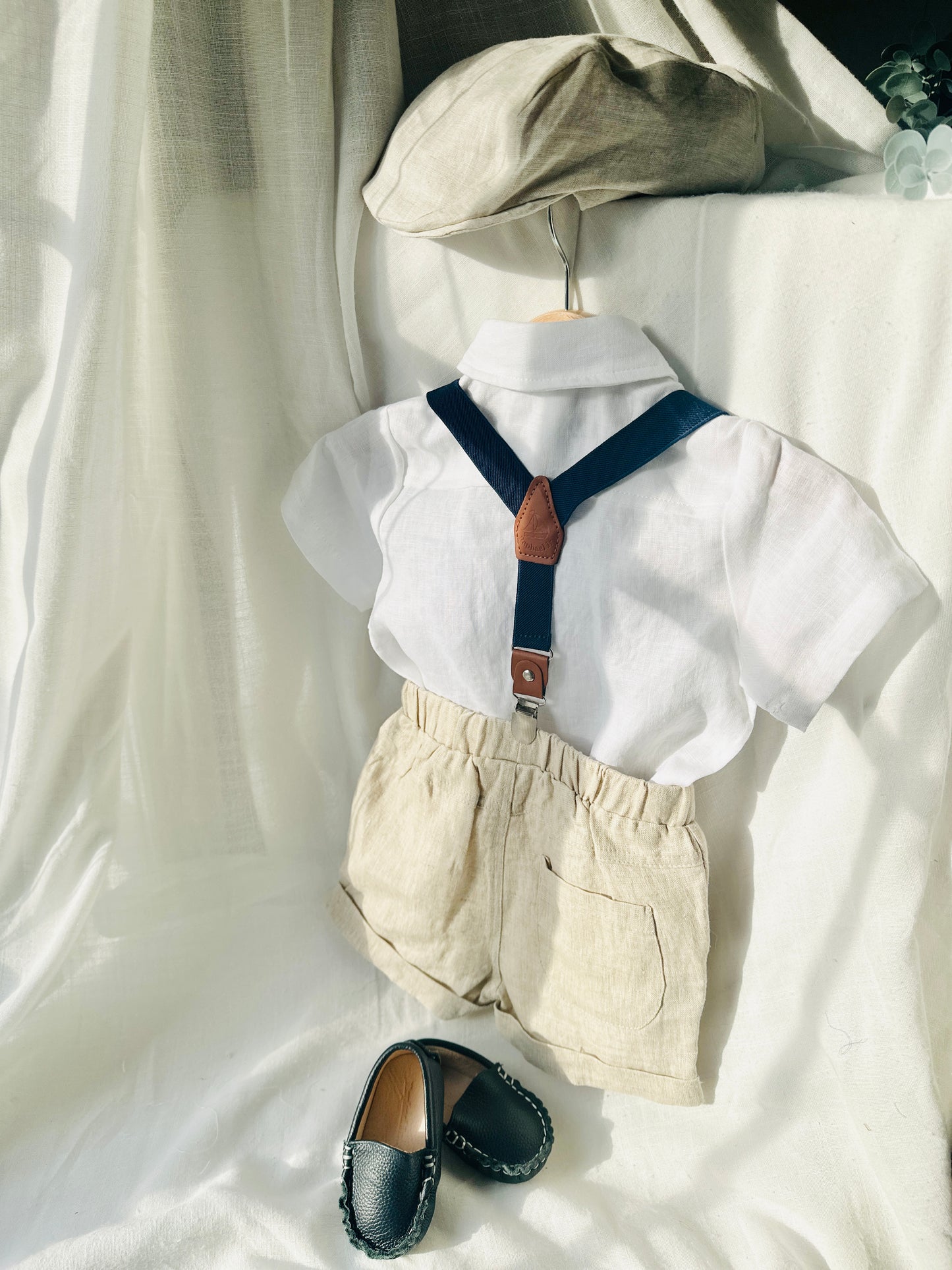 Beige Linen Summer Suit with navy blue accessories
