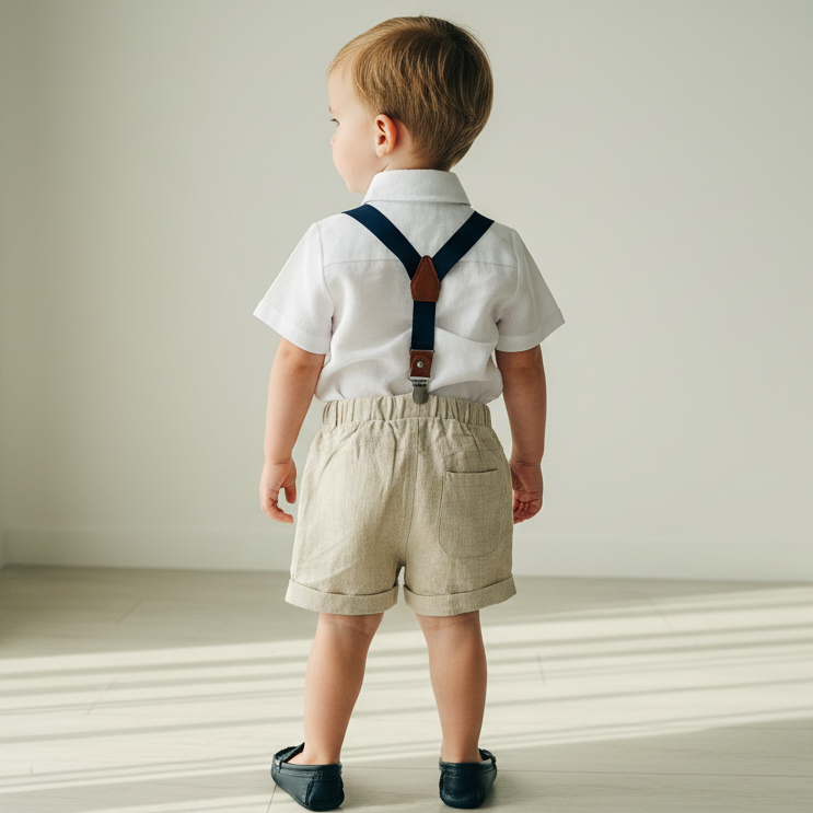 Beige Linen Summer Suit with navy blue accessories