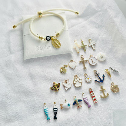Evil eye bracelet white rope with gold clasps and optional charm