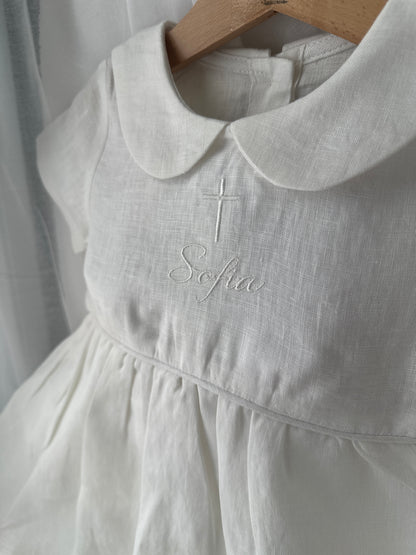 Pure Linen knee length Baptism Dress with embroidery and bloomers and optional ribbon