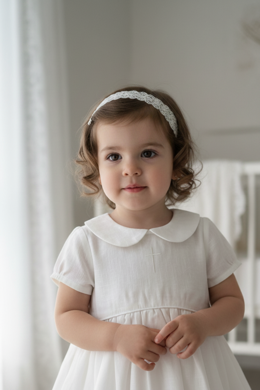 Pure Linen knee length Baptism Dress with embroidery and bloomers and optional ribbon