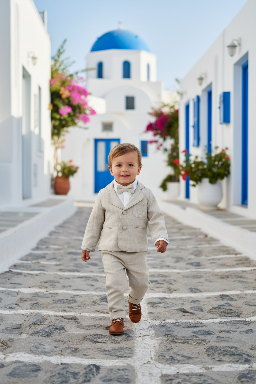 Beige Linen full length suit with pants, shirt, jacket and accessories