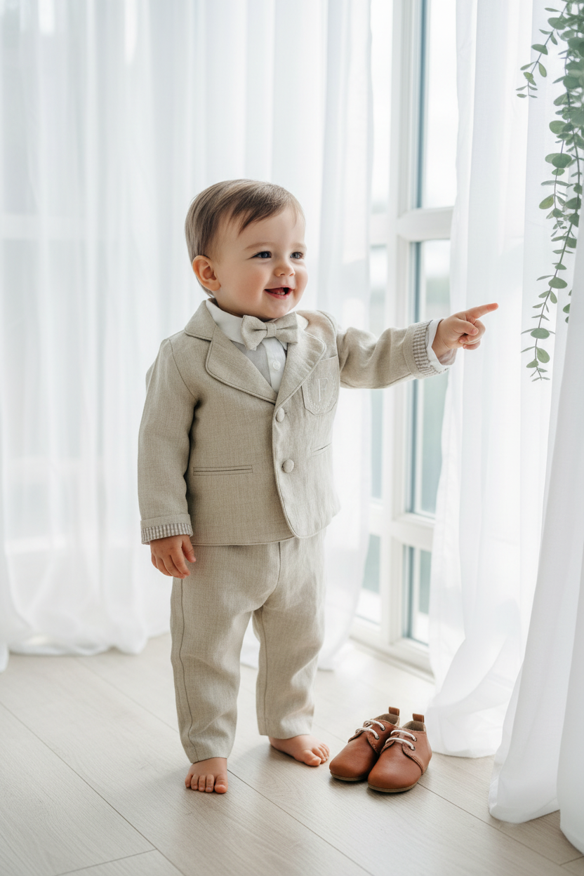 Beige Linen full length suit with pants, shirt, jacket and accessories