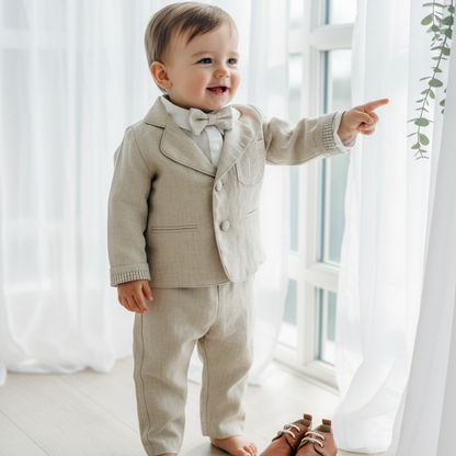 Beige Linen full length suit with pants, shirt, jacket and accessories
