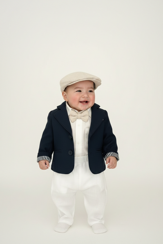 Navy blue and white linen boys formal baptism or wedding suit