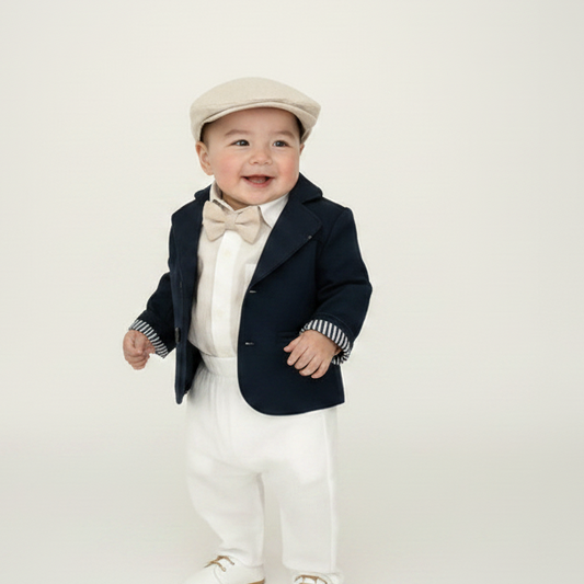 Navy blue and white linen boys formal baptism or wedding suit