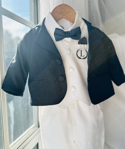 Boys white vest with white linen suit and navy jacket set