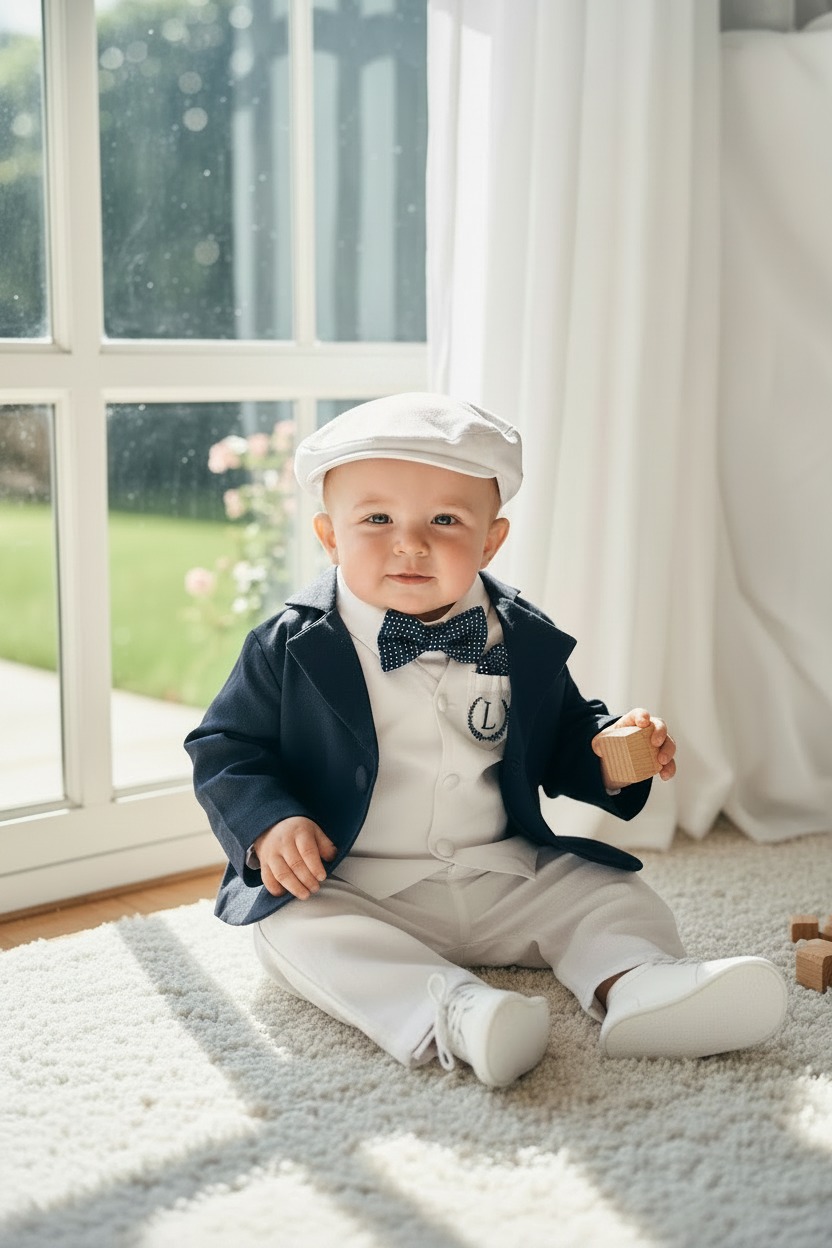 Boys white vest with white linen suit and navy jacket set